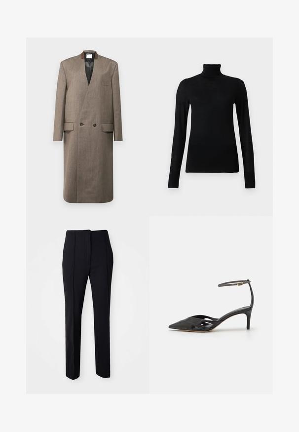 Brun uldfrakke med dobbeltradet design, slidsekrave, to frontlommer og en glat tekstur. Foring indvendigt og skræddersyet snit.; Sort turtleneck sweater lavet af blødt, letvægtsmateriale. Har lange ærmer og en tætsiddende stil med høj krave.; Sorte skræddersyede bukser med lige ben i et glat stof, der har flad front og sidelommer for funktionalitet.; Sort læder højhælet sko med spids tå, åbne sider og en tynd ankelrem med en lille guld detalje.
