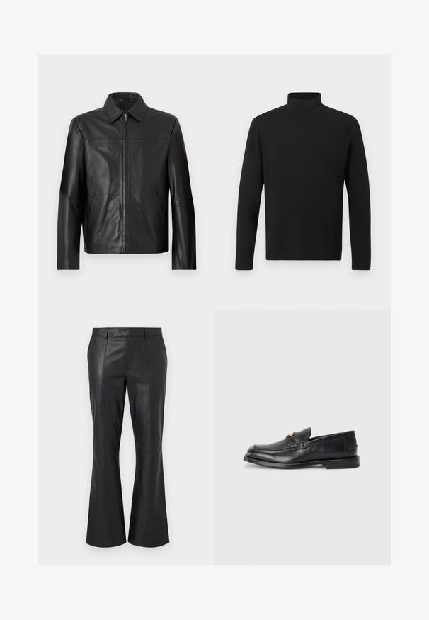 Veste en cuir noir avec fermeture éclair à l'avant, col classique, manches longues et deux poches latérales sur fond blanc.; Chandail à col roulé noir en tissu lisse. Doté de manches longues et d'un col haut. Design simple sans motifs ni accents supplémentaires.; Pantalon en cuir noir avec une taille mi-haute, des passants pour ceinture, des coutures avant détaillées et un léger évasement au bas des jambes.; Des mocassins en cuir noir présentent un bout arrondi, des détails cousus et un petit accent doré à l'avant. La semelle est plate et discrète.