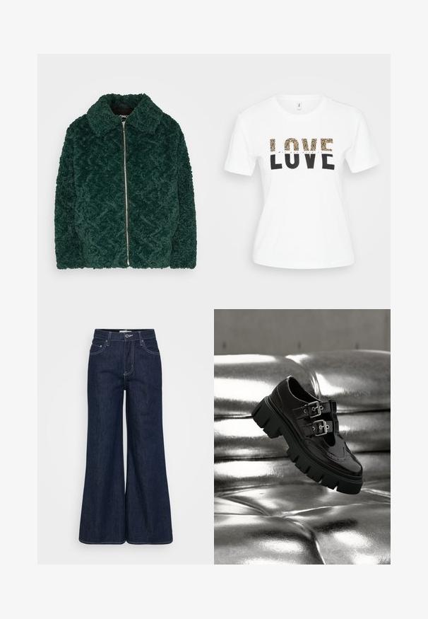 Dunkelgrüne, plüschige Fleece-Jacke mit Rautenmuster, Reißverschluss und spitzem Kragen. Weiche Textur und große Vorderfläche.; Weißes T-Shirt mit kurzen Ärmeln und dem Schriftzug "LOVE"; die oberen Buchstaben im Leopardenmuster, die unteren Buchstaben in Schwarz, und darüber klein in Schreibschrift "Alles was du brauchst ist".; Dunkelblaue Jeans-Hose mit weitem Bein und hohem Bund, ausgestattet mit Taschen vorne, kontrastierenden Nähten und einem sauberen Saum.; Schwarzer Schuh mit klobiger Sohle und doppelten silbernen Schnallen, der über einer glänzenden metallisch silbernen, gesteppte Oberfläche schwebt.