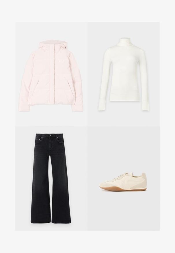 Chaqueta de plumas rosa claro con capucha, con cierre delantero de cremallera, dos bolsillos laterales y un sutil logo en el pecho. Textura suave.; Camiseta blanca de cuello alto y manga larga con un corte ajustado, mostrada sobre un fondo gris claro.; Jeans negros de talle alto y pierna ancha con botón y cremallera frontales, trabillas para cinturón y diseño clásico de cinco bolsillos.; Zapatillas deportivas color beige claro con parte superior de cuero texturizado, paneles laterales texturizados y suela de goma. Presentan un diseño elegante y estilizado con cordones planos.