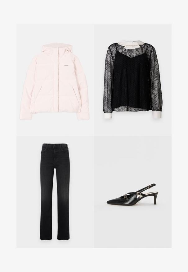 Chaqueta de plumas rosa claro con capucha, con cierre delantero de cremallera, dos bolsillos laterales y un sutil logo en el pecho. Textura suave.; Blusa de encaje negro con mangas largas, cuello blanco con un lazo y adornos, acabado texturizado y silueta suelta.; Jeans negros de pierna recta hechos de denim. Presentan un diseño clásico de cinco bolsillos, con cremallera y cierre de botón. Textura suave.; Zapato slingback de cuero negro con punta afilada, que presenta tiras delgadas y hebillas metálicas, sobre un tacón cónico de 6 cm. Textura suave.