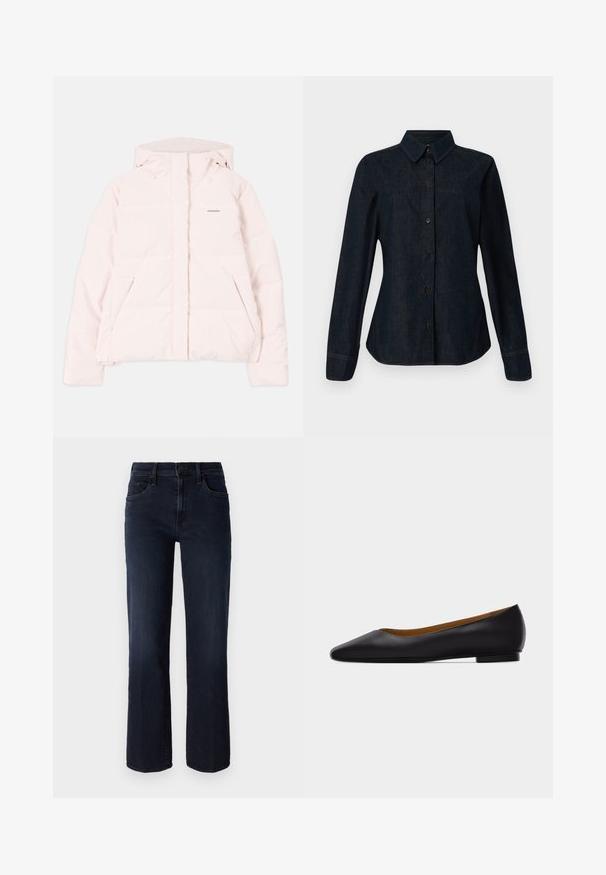 Lichtroze pufferjack met een capuchon, voorzien van een ritssluiting aan de voorkant, twee zijzakken en een subtiel logo op de borst. Glad textuur.; CLOSED SEAMING SHIRT - Overhemdblouse - dark blue; Mother THE MID RISE RAMBLER - Straight leg jeans - dunkelblau; Zwarte leren puntschoen met lage hak en gladde afwerking, zijaanzicht op een lichtgrijze achtergrond.
