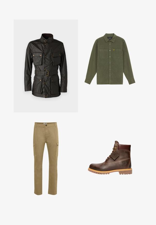 Veste en coton ciré vert foncé avec un col montant, quatre poches devant, une taille ceinturée et des accents en métal doré.; Chemise boutonnée à manches longues couleur vert olive avec deux poches poitrine, col, et logo d'oiseau jaune sur la poche gauche.; Pantalons cargo beige avec une coupe droite, fabriqués en coton robuste. Dotés de poches latérales, d'une fermeture à bouton et de détails de genoux renforcés.; Bottine en cuir marron avec un bout rond, une semelle robuste, des éléments en doré et un dessus texturé. Comprend une étiquette de logo attachée.