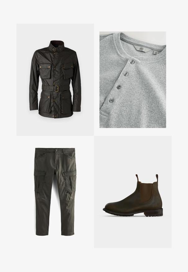 Donkergroene gewaxte katoenen jas met een hoge kraag, vier voorkruiszakken, een ceintuur in de taille en accenten in goudkleurige hardware.; Grijze gebreide shirt met lange mouwen en een ronde halslijn, vijf knopen sluiting, ribbelstructuur en een slim fit ontwerp. Label geeft maat M aan.; Olivengroene cargobroek van duurzaam materiaal, met meerdere zijzakken, een ritszak en een rechte pijp.; Donkerbruine leren Chelsea-laars met elastische zijpanelen, aantreklus bij de enkel en een grof profiel rubberen zool.