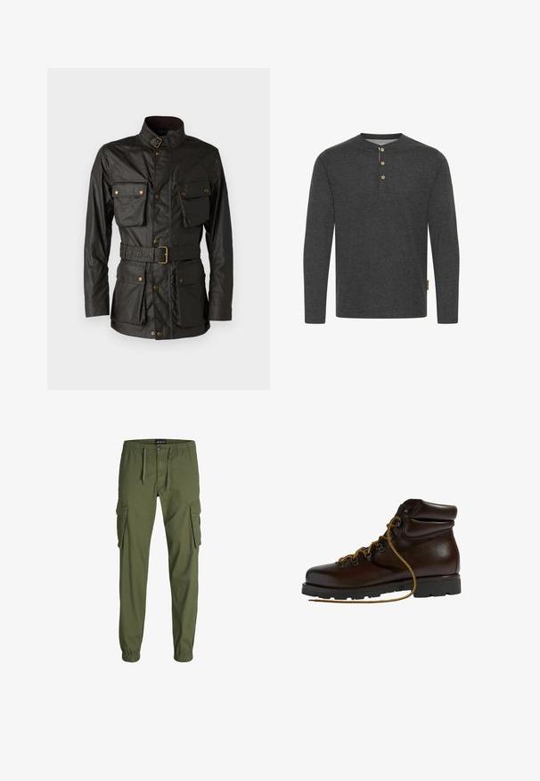 Veste en coton ciré vert foncé avec un col montant, quatre poches devant, une taille ceinturée et des accents en métal doré.; Chemise à manches longues gris foncé en tissu doux, dotée d'un col henley avec trois boutons en bois et d'une étiquette sur le côté.; Pantalons cargo vert olive avec taille élastique, cordon de serrage, deux grandes poches latérales et bas fuselés. Fabriqués en tissu durable.; Bottine de randonnée en cuir marron avec un bout arrondi, surface texturée, lacets jaunes et œillets en métal. Dotée d'une semelle en caoutchouc noir robuste.