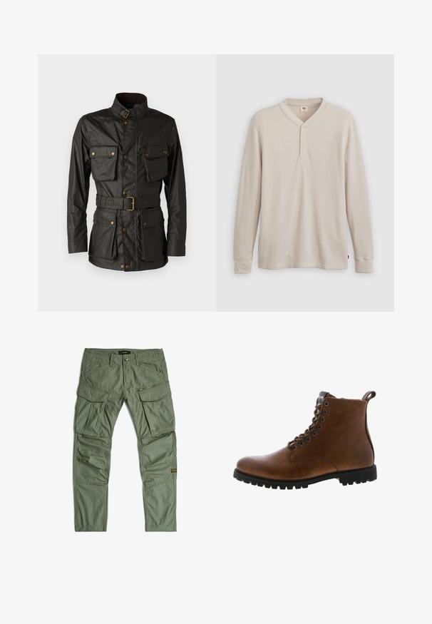 Donkergroene gewaxte katoenen jas met een hoge kraag, vier voorkruiszakken, een ceintuur in de taille en accenten in goudkleurige hardware.; Lange mouwen henley-shirt in lichtbeige ribbelstof, met een V-hals, een drieknoopsluiting en manchetten. Rode logo-label aan de onderkant.; Groene cargobroek met meerdere zakken, waaronder rits- en klepzakken, riemlussen en gestikte kniepaneeltjes, plat gelegd op een witte achtergrond.; Bruine leren enkelbotten met een gestructureerde afwerking, metalen oogjes en een zwarte rubberen profielzool. Voorzien van een trekband aan de achterkant voor gemakkelijke instap.