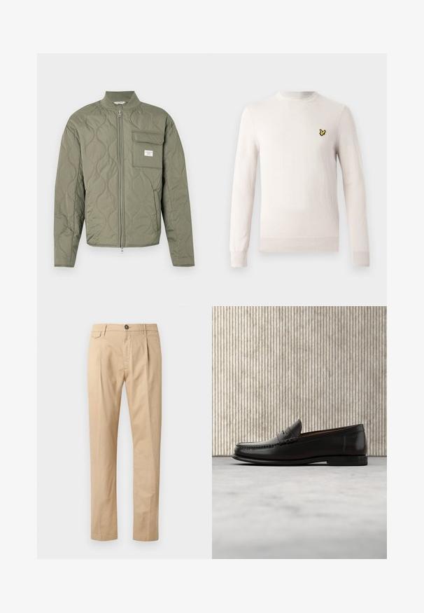 Grøn quiltet jakke med lynlås, bølgemønster, høj krave og en klaplomme på venstre bryst med en hvid label.; Lysebeige sweater med lange ærmer, rund hals og ribbet kant. Har et lille sort og gult broderet logo på brystet.; Herre lige ben beige bomuldsbukser med frontlommer, bæltestropper, knaplukning og lynlås foran på en hvid baggrund.; Sort læder penny loafer med lav hæl, rundet tå og syningsdetaljer langs fronten og siderne, vist på neutral baggrund.