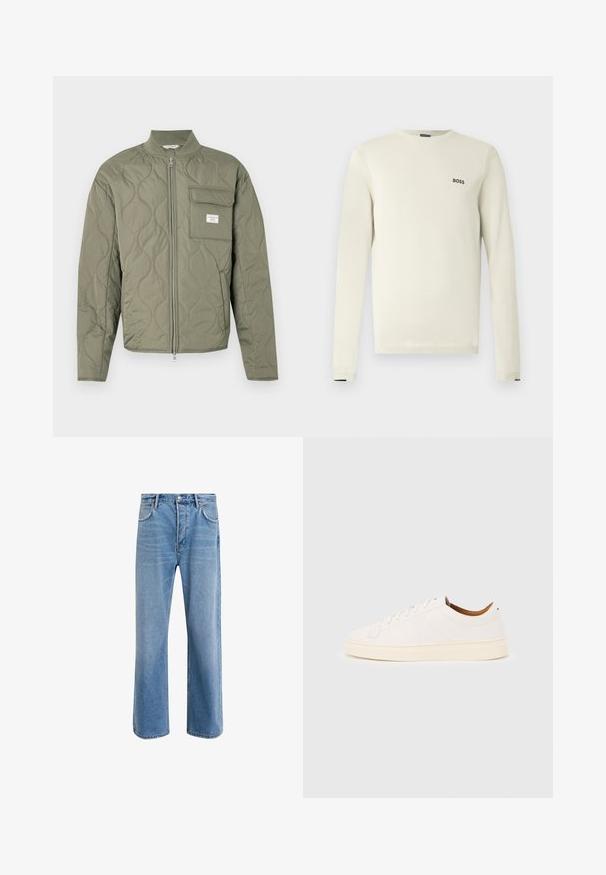 Grøn quiltet jakke med lynlås, bølgemønster, høj krave og en klaplomme på venstre bryst med en hvid label.; Lysebeige sweater med lange ærmer, rund hals, ribstrikkede manchetter og et lille sort "BOSS"-logo på brystet. Glat tekstur, afslappet design.; Lyseblå denim jeans med lige ben-design, fem lommer, knaplukning, minimal falming og kontraststingdetaljer.; Hvid lavtop-sneakers med snørelukning, minimale syningsdetaljer og en cremefarvet sål på en lysegrå baggrund.