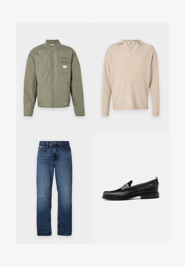Grøn quiltet jakke med lynlås, bølgemønster, høj krave og en klaplomme på venstre bryst med en hvid label.; Beige ribbet strikpullover med V-hals og krave, med lange ærmer og afslappet pasform, lavet af et blødt, tekstureret stof.; Blå denim jeans med lige ben design. Har slidte områder og let slitage på forsiden, med en klassisk knaplukning.; Sort læderloafer med grå remdetalje, lav hæl og tekstureret sål, mærket med "HUGO" i guld på siden.