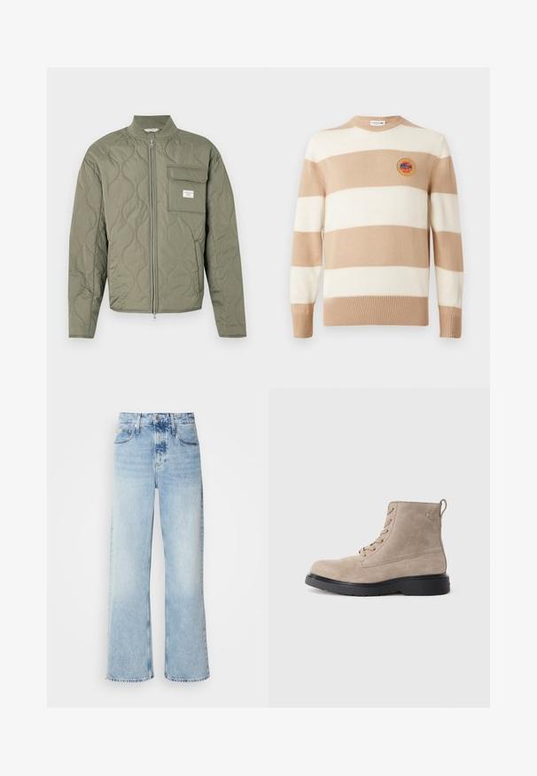 Chaqueta acolchada verde oliva con cremallera, costuras en forma de onda, cuello alto y un bolsillo con solapa en el lado izquierdo del pecho con una etiqueta blanca.; Suéter de punto a rayas beige y blanco, de cuello redondo, con puños y dobladillo acanalados. Presenta un logo bordado redondo en el pecho.; Vaqueros de pierna ancha en azul claro con una alta cintura, que presentan un acabado desgastado, cinturillas y un clásico diseño de cinco bolsillos. El dobladillo es sin acabar.; Botines de ante beige con suela de goma negra, diseño con cordones y un pequeño logotipo grabado en el lateral, que cuenta con una lengüeta en la parte posterior.