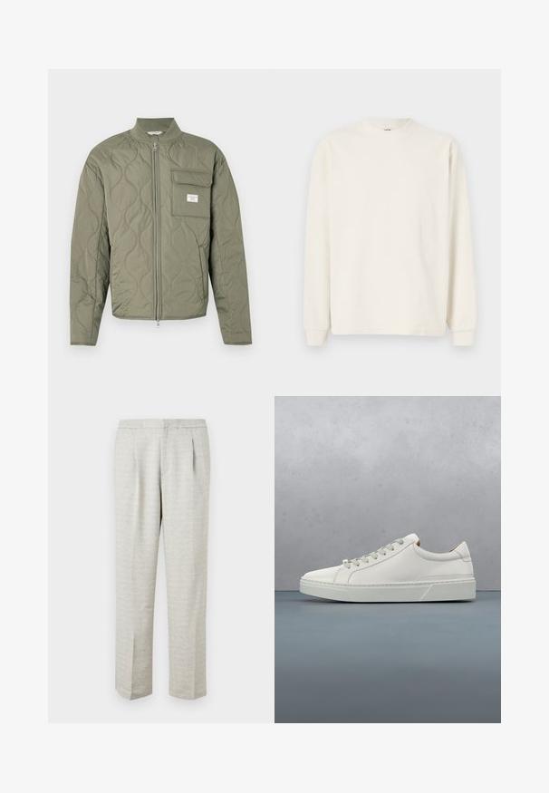 Steppjacke in olivgrün mit Reißverschluss, wellenförmiger Steppung, hohem Kragen und einer Klappentasche auf der linken Brust mit weißem Etikett.; Langarm, geripptes Strickoberteil in Off-White mit Rundhalsausschnitt und enganliegenden Bündchen, das eine lockere Silhouette bietet.; Helle graue Hose aus strukturiertem Stoff, mit geradem Schnitt, gefalteter Vorderseite und normalem Bund. Keine sichtbaren Taschen oder Akzente.; Weißes Leder-Sneaker mit abgerundetem Zehenbereich, minimalistisches Design, graue Schnürsenkel und einer strukturierten grauen Gummisohle. Dezente Nähte sichtbar.