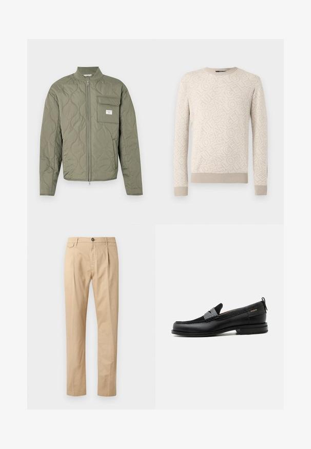 Grøn quiltet jakke med lynlås, bølgemønster, høj krave og en klaplomme på venstre bryst med en hvid label.; Beige trøje med strukturstrik, der har et mønster med "Los Angeles" over det hele. Ribbet manchetter og kant. Rund halsudskæring.; Herre lige ben beige bomuldsbukser med frontlommer, bæltestropper, knaplukning og lynlås foran på en hvid baggrund.; Sort læderloafer med grå remdetalje, lav hæl og tekstureret sål, mærket med "HUGO" i guld på siden.
