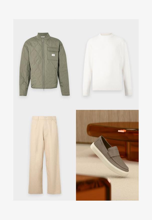 Chaqueta acolchada verde oliva con cremallera, costuras en forma de onda, cuello alto y un bolsillo con solapa en el lado izquierdo del pecho con una etiqueta blanca.; Suéter color crema con un cuello alto acanalado, mangas largas y puños acanalados. La tela parece suave y texturada.; Pantalones de mezcla de denim beige de pierna ancha con un acabado texturizado, que cuentan con un cierre frontal de botones y un diseño clásico de cinco bolsillos.; Zapato de ante gris sin cordones con suela blanca suspendido sobre una alfombra beige, con muebles translúcidos naranjas al fondo.