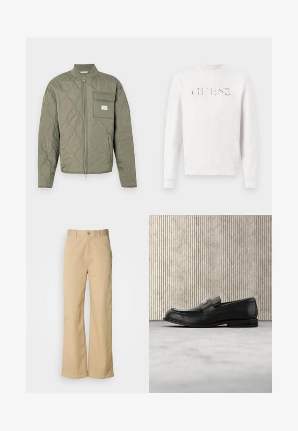 Steppjacke in olivgrün mit Reißverschluss, wellenförmiger Steppung, hohem Kragen und einer Klappentasche auf der linken Brust mit weißem Etikett.; Weißes Langarm-Crewneck-Sweatshirt mit eingeprägtem "GUESS EST. 1981"-Logo auf der Brust, auf einem schlichten weißen Hintergrund präsentiert.; Beige, weit geschnittene Hosen aus einer Baumwollmischung. Mit einem Knopfverschluss und Gürtelschlaufen. Glatte Textur mit minimalen Nähten.; Schwarzer Lederloafer mit einer Metallmarkenplatte, der nahe einem braunen runden Tisch auf beigem Teppichboden ruht.