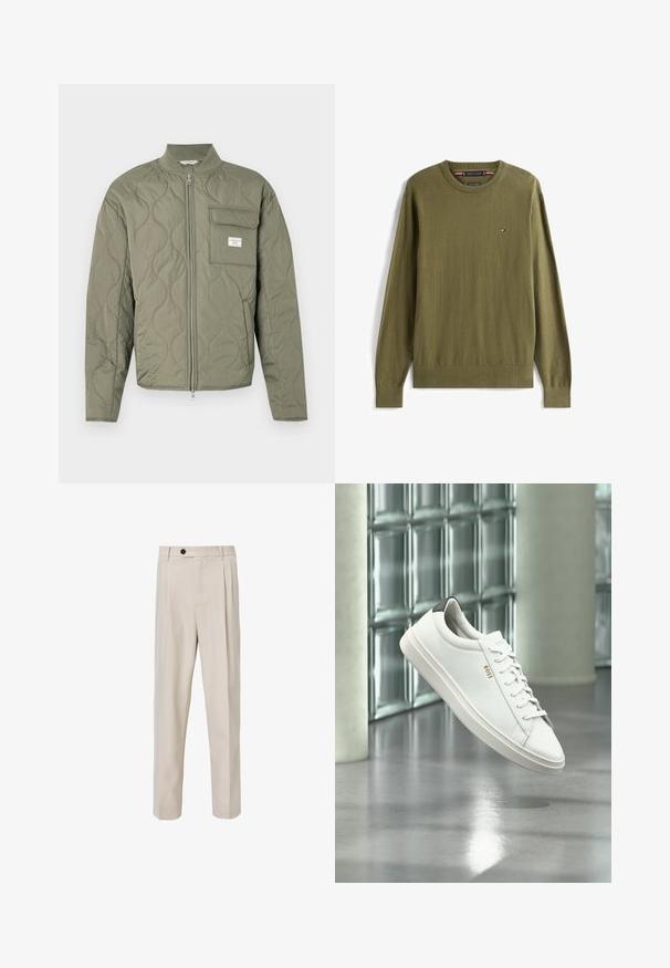 Grøn quiltet jakke med lynlås, bølgemønster, høj krave og en klaplomme på venstre bryst med en hvid label.; Olivengrøn langærmet crewneck-trøje med lille Tommy Hilfiger-logo på venstre bryst og ribstrikkede manchetter og kant.; Beige skræddersyede bukser med lige ben-design, der har frontplisseringer, knaplukning og en glat tekstur.; Hvid læder lav-top sneaker med snørebånd, sort hælflig og "BOSS"-logo, svævende indendørs nær glasblok væg og poleret gulv.