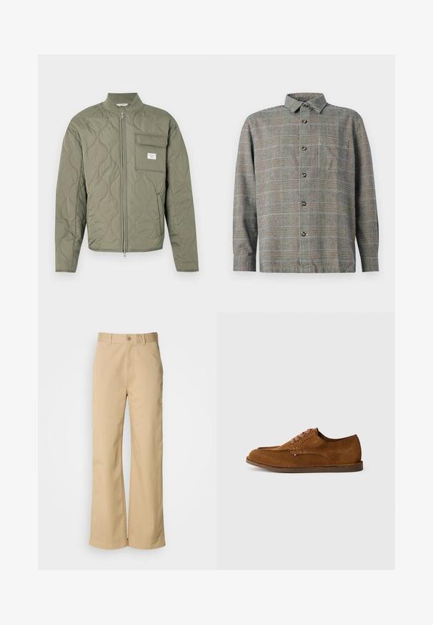 Grøn quiltet jakke med lynlås, bølgemønster, høj krave og en klaplomme på venstre bryst med en hvid label.; Langærmet skjorte med knapper i beige og sort ternet mønster, med krave og brystlomme foran på ensfarvet baggrund.; Beige, vidde bukser lavet af en bomuldsblanding. Har en knaplukning og bæltestropper. Glat tekstur med minimale syninger.; Brun ruskindsko med rundet tå, dekorative syninger og seks kontrasterende snørehuller. Flad sål og minimalistisk design.