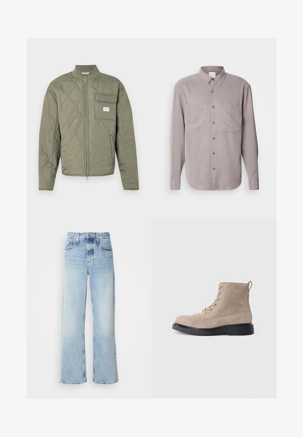 Grøn quiltet jakke med lynlås, bølgemønster, høj krave og en klaplomme på venstre bryst med en hvid label.; Langærmet button-up skjorte i dæmpet grå stof, med to brystlommer, en klassisk krave og tonal knaplukning.; Lysblå vide jeans med høj talje, der har en falmet finish, bæltestropper og klassisk fem-lomme design. Kantene er rå.; Beige ruskindsankelstøvler med sort gummisål, snørelukning og et lille logo præget på siden, med en løftestrop bagpå.