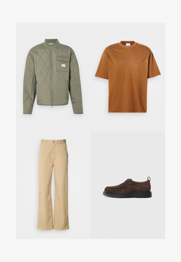Gewatteerde olijfgroene jas met ritssluiting, golfstiksels, een hoge kraag en een klepzak op de linkerborst met een wit etiket.; Bruine katoenen t-shirt met korte mouwen en een ronde hals. Voorzien van "Calvin Klein" in lichtgrijs geborduurd op de voorkant.; Beige, wijde broek gemaakt van een katoenmix. Voorzien van een knoopsluiting en riemlussen. Soepele textuur, met minimale stikseldetails.; Bruine suède schoen met een ronde neus, grijze veters en een zwarte rubberen zool. Kenmerkt zich door een klein logo dat op de hiel is geperst.