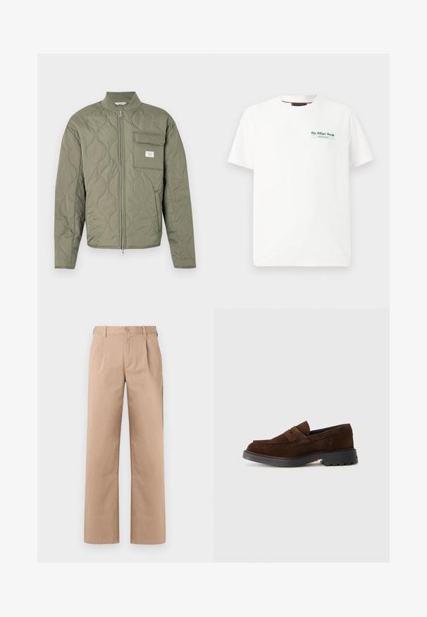 Chaqueta acolchada verde oliva con cremallera, costuras en forma de onda, cuello alto y un bolsillo con solapa en el lado izquierdo del pecho con una etiqueta blanca.; Camiseta de algodón blanca de manga corta, con cuello redondo, que presenta una impresión verde en el lado izquierdo del pecho que dice "The Milliger Herald" y "MCHLXXXV."; Pantalones rectos beige con pasadores para cinturón, cierre frontal de botón y cremallera, y sutiles pliegues debajo de la cintura.; Mocasines de ante marrón con punta redondeada, detalles de doble correa y suela de goma negra con ranuras texturizadas.