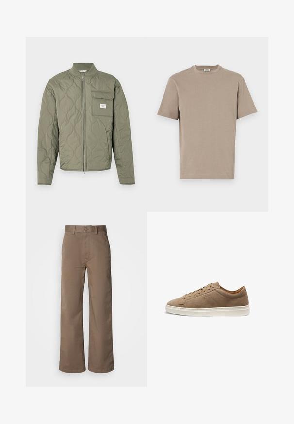Grøn quiltet jakke med lynlås, bølgemønster, høj krave og en klaplomme på venstre bryst med en hvid label.; Beige bomulds t-shirt med rund hals, korte ærmer og lige kant. Glat tekstur, minimalistisk design, ingen synlige grafik eller accenter.; Beige brede benbukser lavet af blød bomuldsblanding, med knaplukning, bæltestropper og uden synlige mønstre. Glat tekstur.; Lav-sko beige ruskindssneaker med snørelukning foran og hvid gummisål, sidevisning, minimal syning og præget mærkelogo.