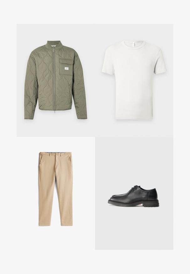 Chaqueta acolchada verde oliva con cremallera, costuras en forma de onda, cuello alto y un bolsillo con solapa en el lado izquierdo del pecho con una etiqueta blanca.; Camiseta blanca lisa de manga corta y cuello redondo, extendida sobre una superficie gris claro, con una pequeña etiqueta de tela en el cuello.; Pantalones beige de tela suave con corte recto. Incluye dos bolsillos laterales y un cierre con botón. El interior tiene un forro estampado.; Zapato de cuero negro con textura suave, punta redonda y costura grabada poco profunda. Suela de goma gruesa con un ligero tacón y patrón de agarre.