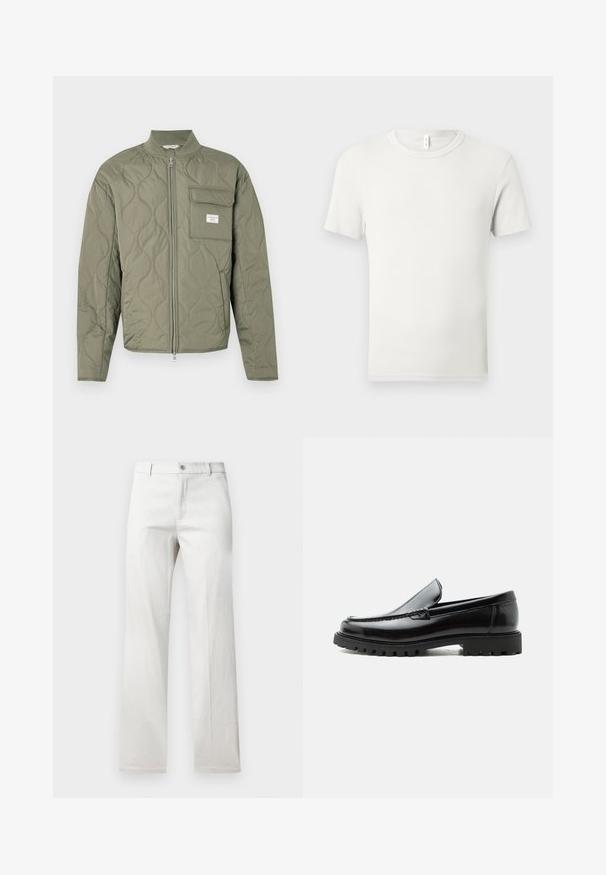 Chaqueta acolchada verde oliva con cremallera, costuras en forma de onda, cuello alto y un bolsillo con solapa en el lado izquierdo del pecho con una etiqueta blanca.; Camiseta blanca lisa de manga corta y cuello redondo, extendida sobre una superficie gris claro, con una pequeña etiqueta de tela en el cuello.; Pantalones grises claros con un diseño de pierna recta, fabricados en una tela suave, con cierre frontal de botón y bolsillos laterales.; Mocasín de cuero negro con suela de goma gruesa, empeine cosido y nombre de la marca en relieve en el talón, mostrado en perfil lateral sobre fondo blanco.