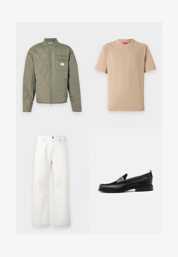 Chaqueta acolchada verde oliva con cremallera, costuras en forma de onda, cuello alto y un bolsillo con solapa en el lado izquierdo del pecho con una etiqueta blanca.; Camiseta de algodón beige con mangas cortas, escote redondo y sutil logo "HUGO" en el centro. Textura suave, corte relajado.; Jeans acampanados blancos de mezclilla, con una cintura estándar, bolsillos frontales y un cierre de botón. Tejido texturizado con un acabado limpio.; Mocasín de cuero negro con detalle de tira gris, tacón bajo y suela texturizada, con la marca "HUGO" en oro en el lateral.