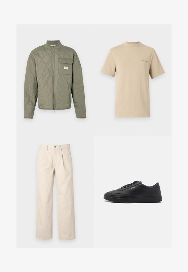 Chaqueta acolchada verde oliva con cremallera, costuras en forma de onda, cuello alto y un bolsillo con solapa en el lado izquierdo del pecho con una etiqueta blanca.; Camiseta de algodón beige con escote redondeado y mangas cortas. Presenta un discreto logotipo en texto negro "SAMSOE" en el pecho.; Pantalones de pierna ancha beige con cintura alta, que cuentan con pliegues frontales, cierre con botón en la parte delantera y una suave tela de algodón.; Zapatillas de cuero negro con una textura suave, punta redondeada, suela plana de goma y cordones a tono. Presentan el logotipo dorado "BOSS" en el lateral.