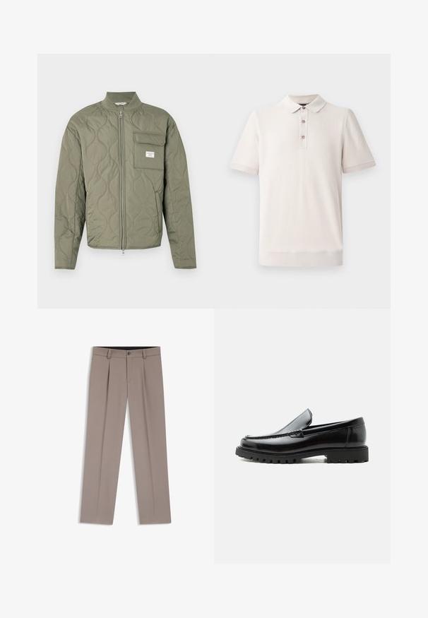 Grøn quiltet jakke med lynlås, bølgemønster, høj krave og en klaplomme på venstre bryst med en hvid label.; Kortærmet polo-shirt i lys beige, tekstureret materiale med krave og tre knaplukninger; ribbede detaljer ved ærmer og kant.; Lysebrune herrebukser med bæltestropper, plisseringer, knaplukning foran og lynlås, lagt fladt på en hvid baggrund.; Sort læderloafer med chunky gummisål, syet overdel og præget mærkenavn på hælen, vist i sideprofil på hvid baggrund.