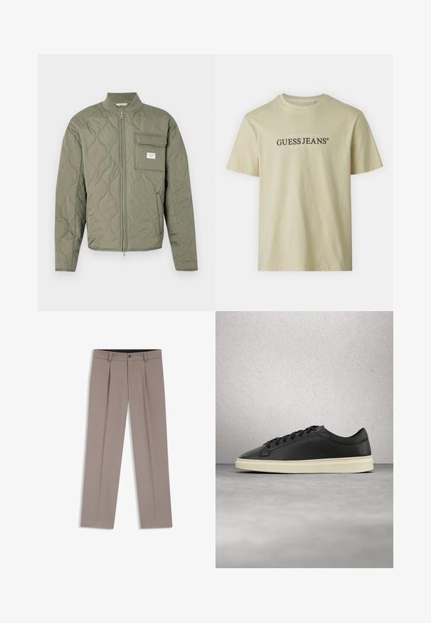 Grøn quiltet jakke med lynlås, bølgemønster, høj krave og en klaplomme på venstre bryst med en hvid label.; Guess Jeans AMERICAN TEE - T-shirts print - biscotti; Lysebrune herrebukser med bæltestropper, plisseringer, knaplukning foran og lynlås, lagt fladt på en hvid baggrund.; Sorte lædersneakers med rund tå, flade snørebånd og en cremefarvet gummisål, med diskret mærkning og en glat tekstur.