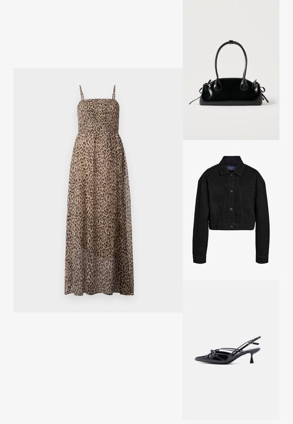 Sort denim cropped jakke med knaplukning foran, to brystlommer og klassisk krave. Har tonede syninger og lange ærmer.; Maxi kjole i leopardprint med smocket bodice, tynde stropper og gennemsigtig stof. Har et flydende, let design.; Sort laklæder slingback-pumpe med spids tå, lav kittenhæl og dekorativ knyttet sløjfedetalje foran.; Lille sort blank håndtaske med to lange håndtag og snøre-detaljer i siden på en ensfarvet lys baggrund.
