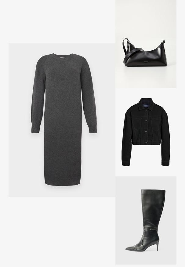 Chaqueta de mezclilla negra recortada con parte delantera de botones, dos bolsillos en el pecho y un cuello clásico. Presenta costuras tonales y mangas largas.; Vestido de punto gris oscuro con mangas largas, escote redondo y puños acanalados. Largo hasta la mitad de la pantorrilla y textura suave. Diseño sencillo sin patrones.; Botas negras de cuero hasta la rodilla con tacón delgado, punta afilada y detalles de diseño con correas en el tobillo. Textura suave y diseño ajustado.; Bolso de mano de cuero negro con una textura suave. Cuenta con una correa ajustable y un diseño elegante y minimalista con cierre de cremallera.