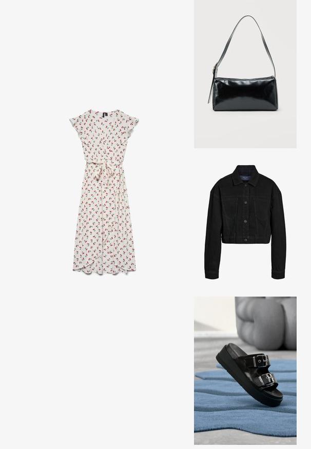 Sort denim cropped jakke med knaplukning foran, to brystlommer og klassisk krave. Har tonede syninger og lange ærmer.; Hvid midi omslagskjole med flagrende ærmer, bundet talje og rødt kirsebærmønster over det hele.; Sort slidesandal med to sølvspænder, platårsål, placeret på tekstureret blåt tæppe med slørede beige møbler i baggrunden.; Sort rektangulær skuldertaske med en enkelt justerbar rem og lynlås i toppen på en ensfarvet baggrund.