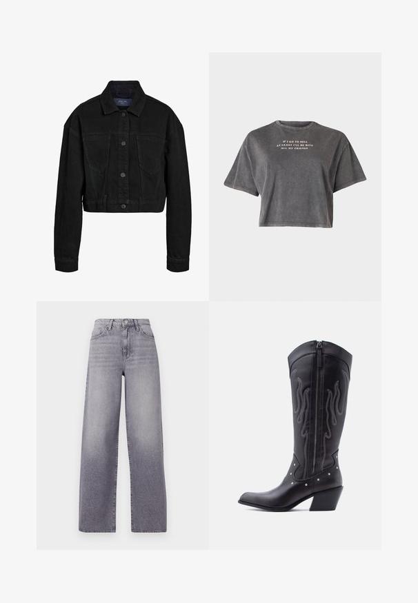 Chaqueta de mezclilla negra recortada con parte delantera de botones, dos bolsillos en el pecho y un cuello clásico. Presenta costuras tonales y mangas largas.; Even&Odd by Zalando Camiseta estampada - black; Jeans de tiro alto y pernera ancha en denim gris claro. Presentan un diseño clásico de cinco bolsillos, un sutil desvanecimiento y un botón metálico de cierre.; Botas vaqueras de cuero negro con puntera puntiaguda, costuras visibles, detalles de tachuelas plateadas y cierre de cremallera en el lado interior.