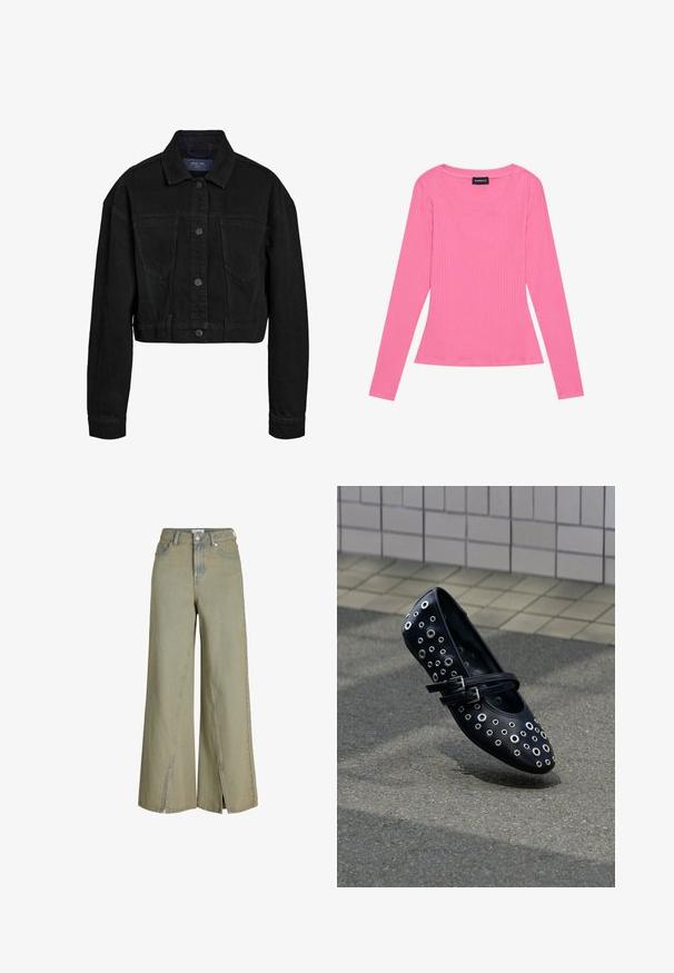 Sort denim cropped jakke med knaplukning foran, to brystlommer og klassisk krave. Har tonede syninger og lange ærmer.; Langærmet ribbet top i lys pink, med en bred rund halsudskæring og en tætsiddende silhuet. Stoffet er glat med en diskret tekstur.; Lysegrønne vide jeans lavet af denim, med høj talje, sideslids og klassiske lomme-detaljer.; Sort flad lædersko med cirkulære udskæringer og dekorative nitter. Har justerbar dobbeltrem og afrundet tå-design.