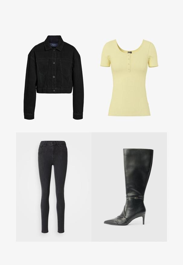 Sort denim cropped jakke med knaplukning foran, to brystlommer og klassisk krave. Har tonede syninger og lange ærmer.; Lysegul ribbet kortærmet top med rund halsudskæring og fire små sølvfarvede trykknapper midt foran.; Sorte skinny jeans lavet af denim. Har høj talje, lynlås med knappetryk og fem lommer. Glat tekstur, ingen dekorationer.; Sorte knæhøje støvler i læder med en slank hæl, spids tå og remdetaljer ved anklen. Glat tekstur og tætsiddende design.