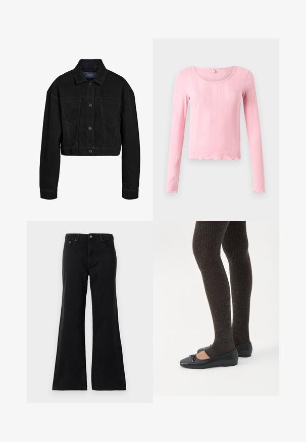 Sort denim cropped jakke med knaplukning foran, to brystlommer og klassisk krave. Har tonede syninger og lange ærmer.; Langærmet lyserød top lavet af ribstrikket stof med rund halsudskæring og bølget kant forneden og ved ærmekanterne.; Sorte højtaljede denimjeans med fem lommer og bredde ben, vist på en hvid baggrund.; Ben iført mørke ribbede leggings kombineret med sorte balletsko med små sløjfedetaljer på hvid baggrund.