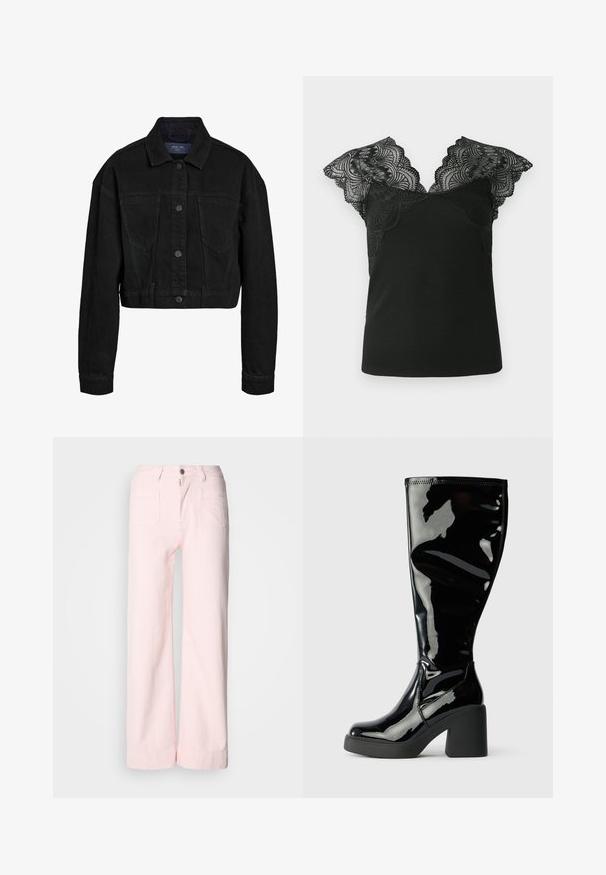 Sort denim cropped jakke med knaplukning foran, to brystlommer og klassisk krave. Har tonede syninger og lange ærmer.; Sort tanktop med blonde kapærmer. Blonden har en bølget kant og et indviklet mønster, som står i kontrast til det ribbede stof på kroppen.; Lyserøde bukser med vide ben og en denimlignende struktur. Har knaplukning foran, bæltestropper og to baglommer. Blødt, afslappet design.; Klassiske knæhøje støvler i sort patentlæder med en glat, skinnende overflade, firkantede tåspidser og kraftige sorte hæle. Søm detaljer langs siden.