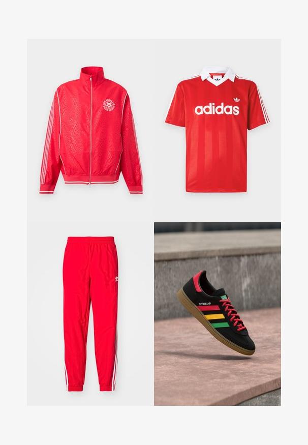 Veste de sport rouge zippée avec un motif texturé subtil, des bandes blanches sur les manches, et un logo circulaire blanc de club de football sur la poitrine.; Maillot de sport Adidas rouge avec col blanc, trois bandes blanches sur les manches et logo Adidas centré sur la poitrine.; Pantalons de sport rouges avec une taille élastique, accents rayés blancs sur les côtés et un petit logo blanc sur la cuisse gauche.; Baskets Adidas Spezial noires avec des rayures rouges, jaunes et vertes, des lacets rouges, une semelle gomme et un détail rouge au talon, flottant au-dessus du trottoir.