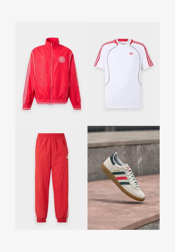 Veste de sport rouge zippée avec un motif texturé subtil, des bandes blanches sur les manches, et un logo circulaire blanc de club de football sur la poitrine.; T-shirt de sport blanc à manches courtes avec des rayures rouges sur les épaules et les manches, un liseré noir à l'avant, et le logo Adidas trèfle rouge sur la poitrine.; Pantalon de sport rouge en matière légère, avec une taille élastique, des bandes blanches sur les côtés, et un petit logo sur la cuisse.; Baskets blanches Adidas avec des rayures vertes et rouges, semelle en gomme, et marquage "SPEZIAL", flottant au-dessus d'un pavement en pierre.