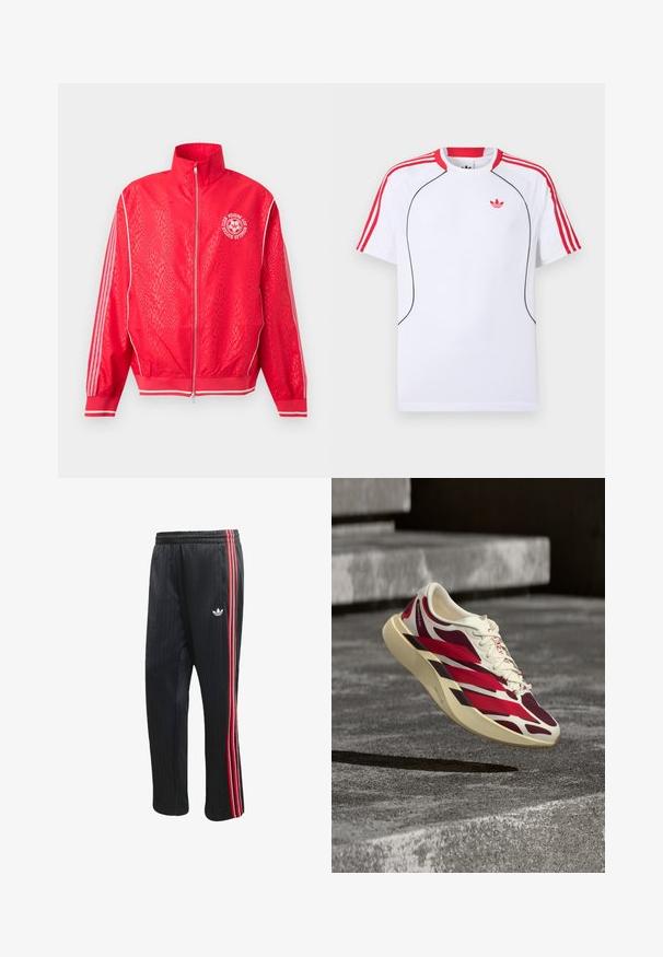 Veste de sport rouge zippée avec un motif texturé subtil, des bandes blanches sur les manches, et un logo circulaire blanc de club de football sur la poitrine.; T-shirt de sport blanc à manches courtes avec des rayures rouges sur les épaules et les manches, un liseré noir à l'avant, et le logo Adidas trèfle rouge sur la poitrine.; Pantalon de sport noir avec texture côtelée verticale, doté de bandes latérales rouges et blanches ainsi qu'un petit logo blanc sur la jambe gauche.; Baskets de sport blanches et rouges avec une semelle épaisse flottant au-dessus de marches en béton gris texturé.