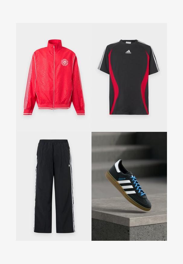 Veste de sport rouge zippée avec un motif texturé subtil, des bandes blanches sur les manches, et un logo circulaire blanc de club de football sur la poitrine.; T-shirt noir à manches courtes avec accents rouges sur les côtés, logo Adidas blanc sur la poitrine et bandes blanches sur les épaules. Confectionné dans un tissu lisse.; Pantalon large noir avec rayures blanches sur les côtés, taille élastique, plis à l'avant et logo Adidas sur la cuisse droite.; Baskets Adidas noires avec des rayures blanches, des lacets bleus et une semelle en gomme flottant au-dessus d'une marche en béton grise sous une lumière douce.