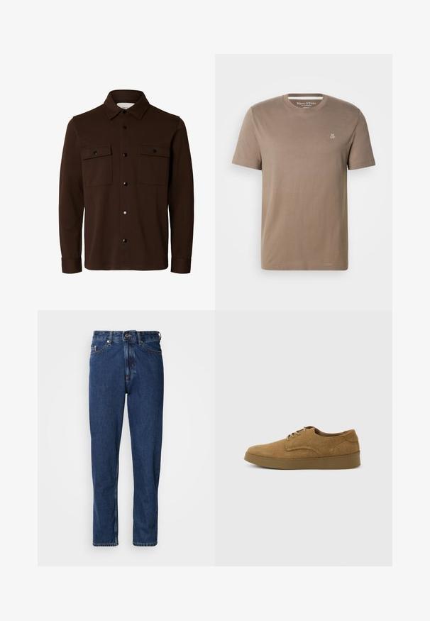 Dunkelbraune Hemdjacke mit langen Ärmeln, Kragen, Knopfleiste vorne und zwei Brustklappentaschen mit Knöpfen.; Taupefarbenes Kurzarm-T-Shirt aus Baumwolle mit Rundhalsausschnitt und kleinem weißen "M OP"-Logo auf der oberen linken Brust von Marc O'Polo.; Dunkelblaue Jeans aus Denim mit geradem Bein, Fünf-Taschen-Stil und sichtbaren Nähten entlang der Nähte.; Brauner Wildleder-Schnürschuh für den Alltag mit flacher Gummisohle, von der Seite auf hellem, einfachem Hintergrund gesehen.