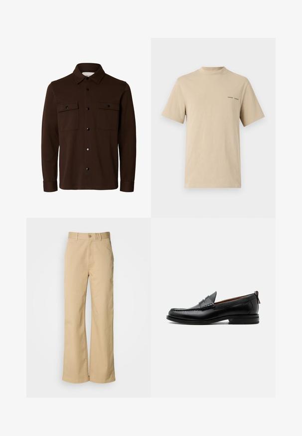 Chaqueta camisa de manga larga color marrón oscuro con cuello, cierre frontal con botones y dos bolsillos de solapa en el pecho con botones.; Camiseta de algodón beige con escote redondeado y mangas cortas. Presenta un discreto logotipo en texto negro "SAMSOE" en el pecho.; Pantalones beige de pierna ancha, hechos de una mezcla de algodón. Presentan un cierre de botón y trabillas para cinturón. Textura suave, con detalles de costura mínimos.; Mocasín de hombre de piel negra con costura moc toe, tira penny, cuello texturizado y tacón bajo apilado sobre fondo blanco.
