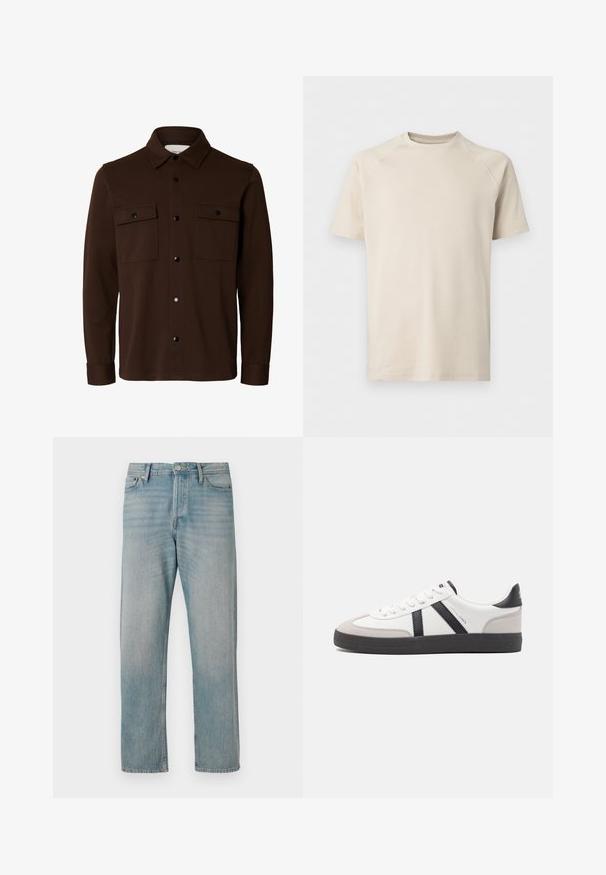 Chaqueta camisa de manga larga color marrón oscuro con cuello, cierre frontal con botones y dos bolsillos de solapa en el pecho con botones.; Camiseta beige de manga corta con cuello redondo y mangas raglán, lisa y hecha de tela lisa.; Jeans de mezclilla azul claro con diseño de pierna recta, presentan cinco bolsillos clásicos, cierre de botón y un sutil desteñido para darle textura.; Zapatilla blanca con acentos en negro y gris, que presenta una puntera texturizada en gris, suela de goma negra y cordones planos blancos. Diseño limpio, estilo minimalista.