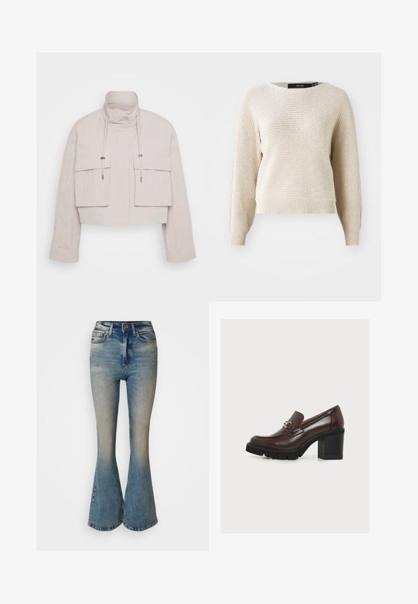 Veste raccourcie en tissu beige clair avec un col haut, deux poches à rabat à l'avant et des cordons de serrage réglables pour un ajustement sécurisé.; Pull en maille beige clair avec une finition texturée, col rond et manches longues. Doté d'un ourlet et de poignets côtelés, coupe décontractée.; Jean évasé en denim bleu clair avec un dégradé progressif. Il présente une taille haute, cinq poches et une fermeture à bouton avec une fermeture éclair.; Mocassin en cuir marron foncé avec talon bloc noir épais et boucle décorative dorée sur le côté, sur fond clair uni.
