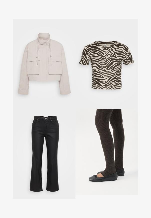 Veste raccourcie en tissu beige clair avec un col haut, deux poches à rabat à l'avant et des cordons de serrage réglables pour un ajustement sécurisé.; T-shirt à rayures zèbre en beige et marron foncé. Manches courtes, encolure ronde, fabriqué en tissu léger avec une coupe ample.; Jean noir évasé en denim, avec une fermeture à bouton à l'avant, cinq poches et une texture lisse, légèrement brillante.; Jambes portant des leggings côtelés foncés associés à des ballerines noires avec de petits détails en nœud sur fond blanc.