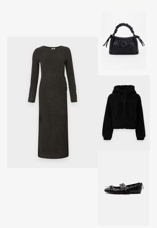 Sort cropped hoodie lavet af fluffy, struktureret stof. Har lynlåslukning, to forlommer og justerbare snore ved hætten.; Langærmet, mørkegrå ribbet kjole med en tætsiddende silhuet og sidelæg. Har knapdetaljer på ærmekanterne, blød tekstur.; Sort flad balletsko med dobbelt spænde, sølvøjer og en lille sløjfe nær den runde tå på en hvid baggrund.; Sort taske med krokodilletekstur, rynket øverste kant, samlet hank og snore med kvaster på hver side mod en hvid baggrund.