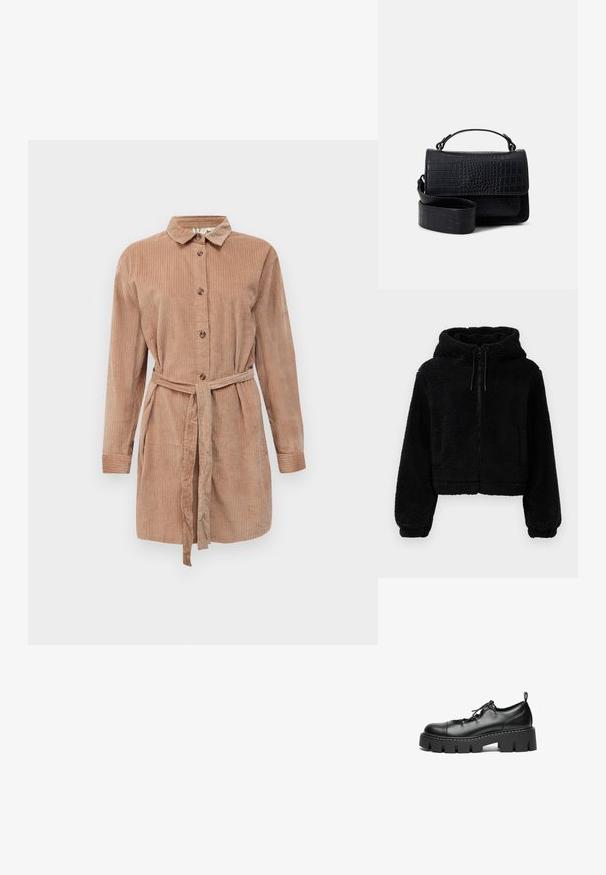 Zwarte cropped hoodie gemaakt van pluizige, textuurstof. Heeft een ritsluiting, twee voorzakken en verstelbare trekkoorden aan de capuchon.; Lichtbruine corduroy button-up jurk met lange mouwen, kraag en een bijpassende stoffen riem die in de taille is geknoopt.; Zwarte leren veterschoenen met een ronde neus, stevige platformzool en decoratieve stikdetails langs de rand.; Zwarte schoudertas van krokodillenleer met een afneembare schouderriem en een handgreep aan de bovenkant. De tas heeft een klep sluiting en een gladde afwerking.