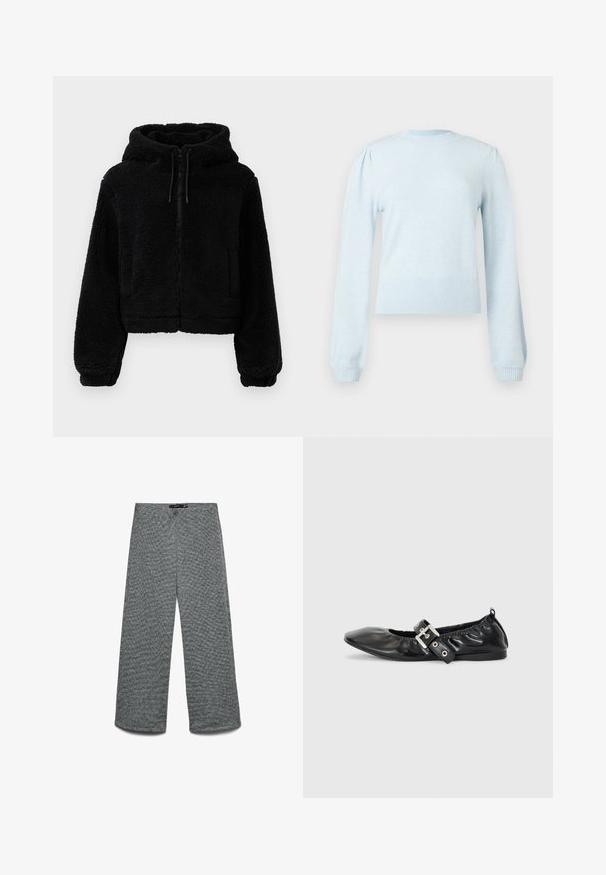 Sort cropped hoodie lavet af fluffy, struktureret stof. Har lynlåslukning, to forlommer og justerbare snore ved hætten.; Lyseblå langærmet sweater med ribbet rund hals, manchetter og kant, samt diskrete skulderfolder.; Bukser med vide ben i et tekstureret gråt strikket stof. Har en høj talje og lige ben, hvilket giver en afslappet pasform hele vejen.; Sorte læder flade sko med spids tå, samling detaljer omkring åbningen, og en sølv spænde accent på den justerbare rem.